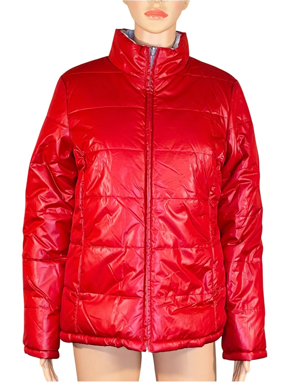 Faded Glory Reversible Puffer Jacket Weather Resistant Lightweight Red Gray SZ S